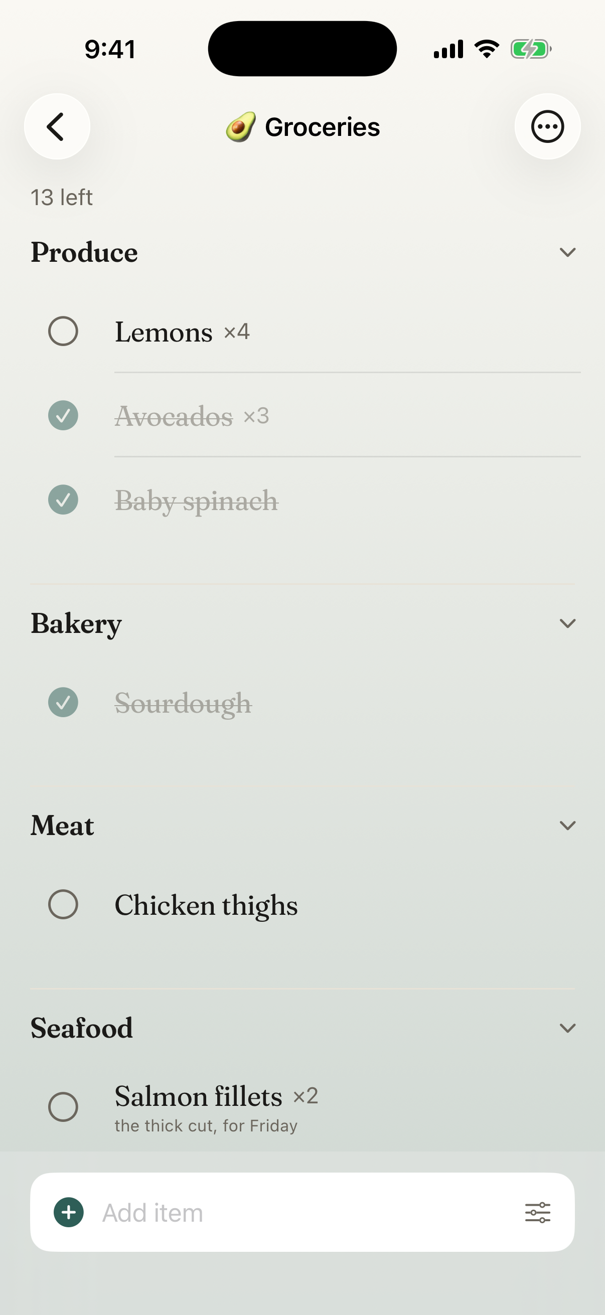 A grocery List in Plum, organised into shopping departments.