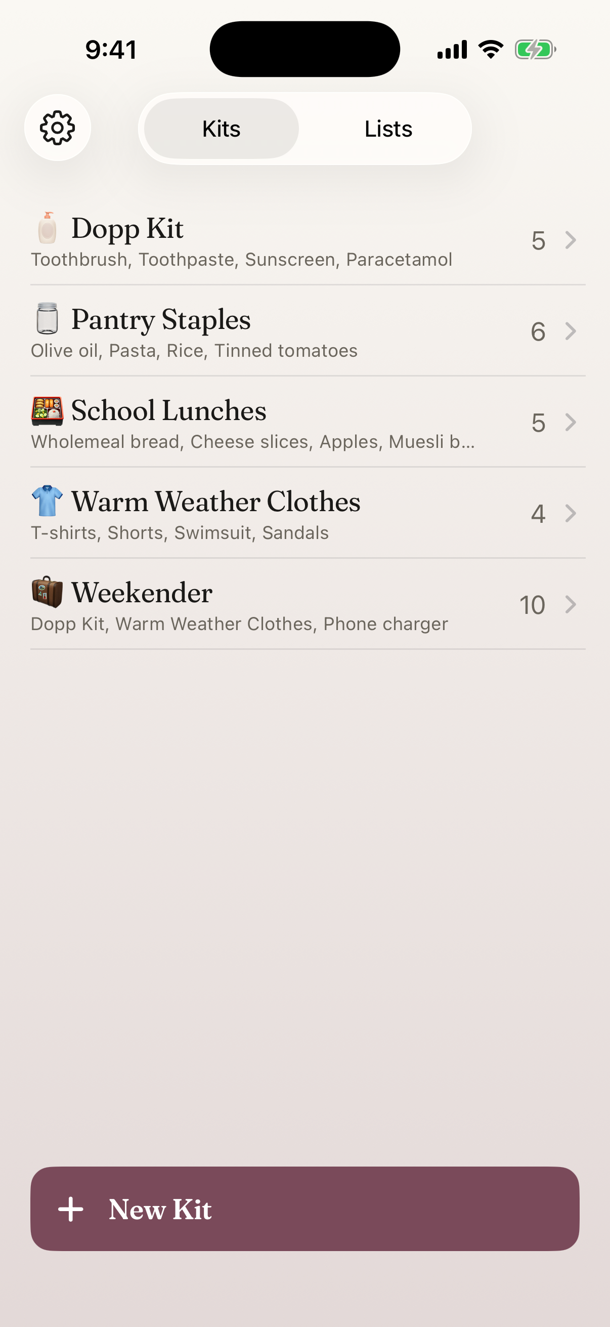 Plum Kits screen showing Dopp Kit, Pantry Staples, School Lunches, Warm Weather Clothes, and Weekender.